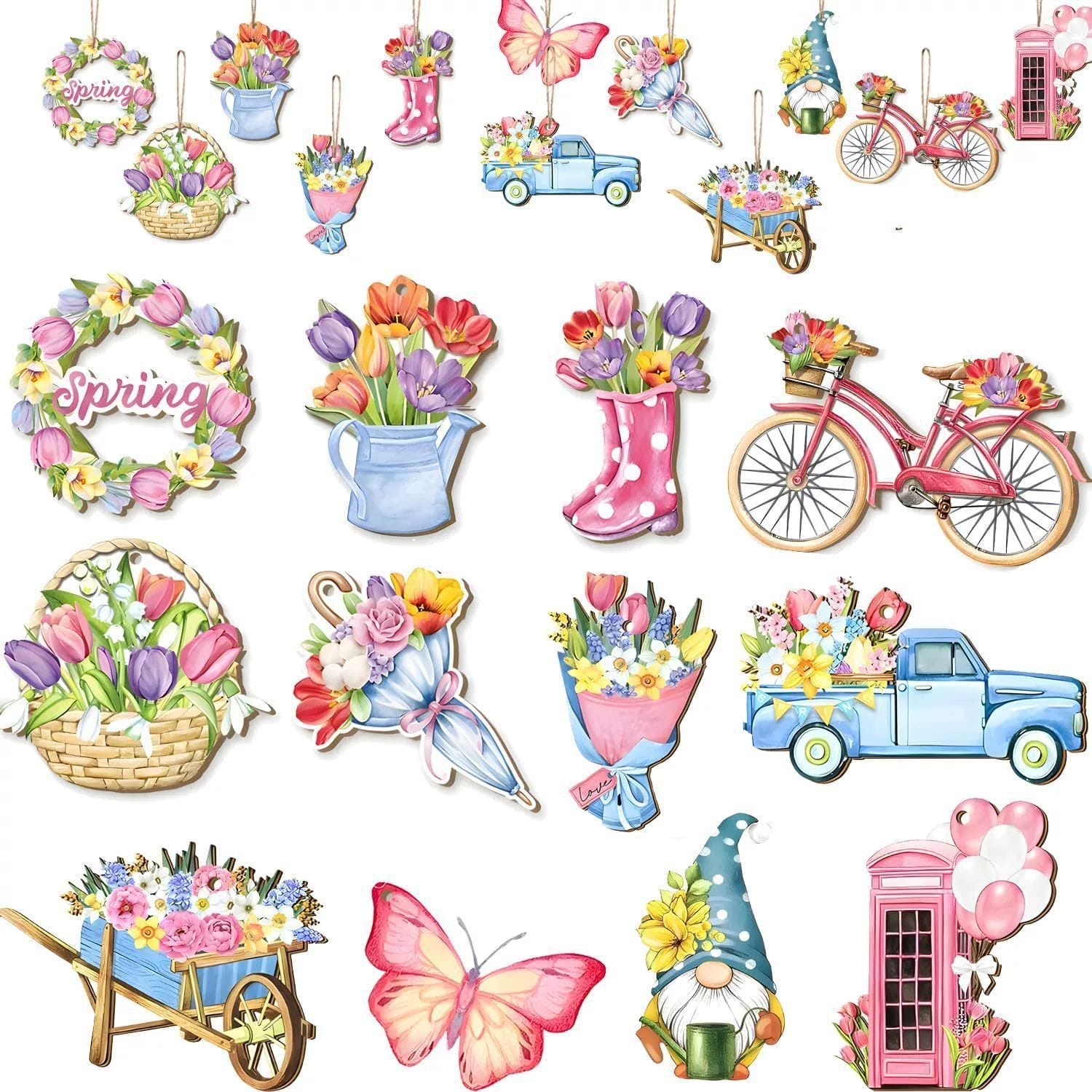 Colorful spring-themed illustrations featuring flowers in baskets, bouquets, boots, trucks, wooden flower accents, bikes, butterflies, a gnome, a pink phone booth, and the word "Spring.