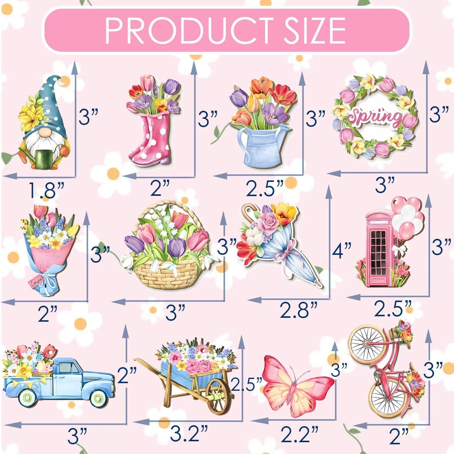 A chart displays twelve colorful spring-themed stickers with labeled measurements, including wholesale wooden flower decorations, a butterfly, a truck, a bicycle, and a phone booth on a pink floral background.
