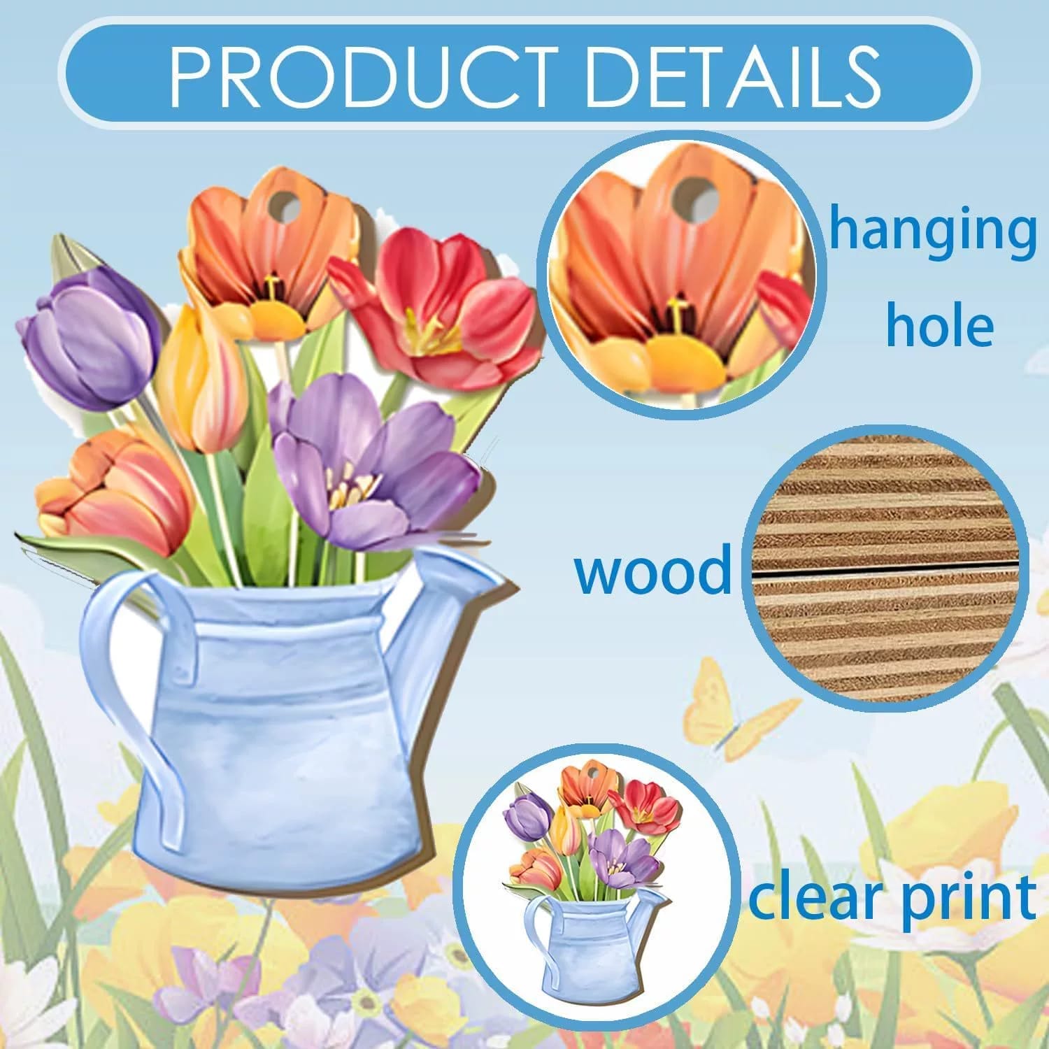 Illustration showing a wholesale wooden decor piece shaped like a blue jug with colorful tulips, highlighting its hanging hole, detailed wood texture, and clear print design—perfect for adding laser-cut wooden flowers to your space.