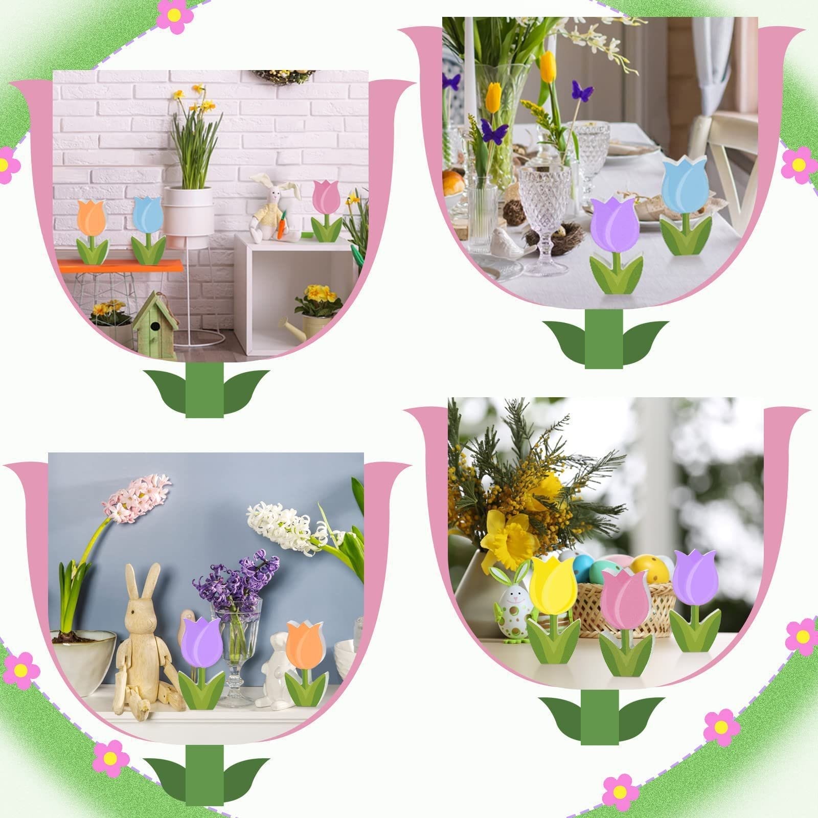 Four scenes display colorful tulip-shaped wooden flowers used as spring or Mother's Day decor on tables and shelves, alongside eggs, blooms, and other seasonal touches—perfect for retailers seeking a wholesale supplier.