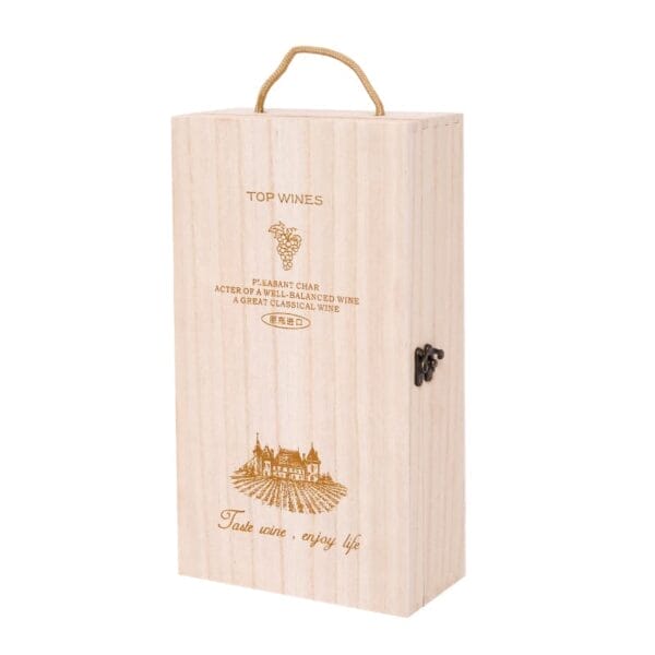 Rectangular custom wooden wine box with a rope handle, metal clasp, and engraved vineyard images plus "Top Wines" on the front—perfect from a quality wine box manufacturer.