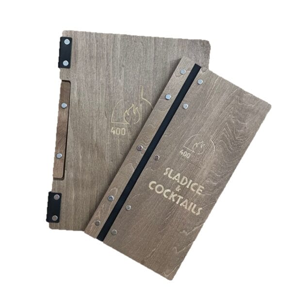 Two eco-friendly wooden menu boards with metal hinges. The smaller, foldable menu is labeled "SLADICE & COCKTAILS." Both display a flame logo with "400" beneath it.