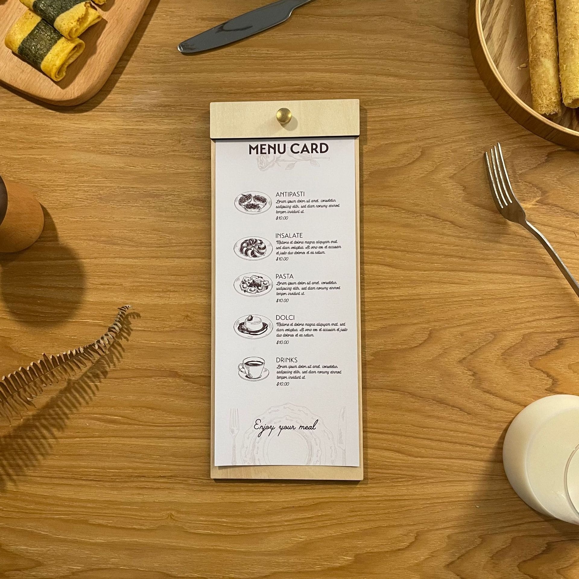 Wooden menu board with replaceable inserts; eco-friendly design. Menu lists Antipasti, Insalate, Pasta, Dolci, Drinks.