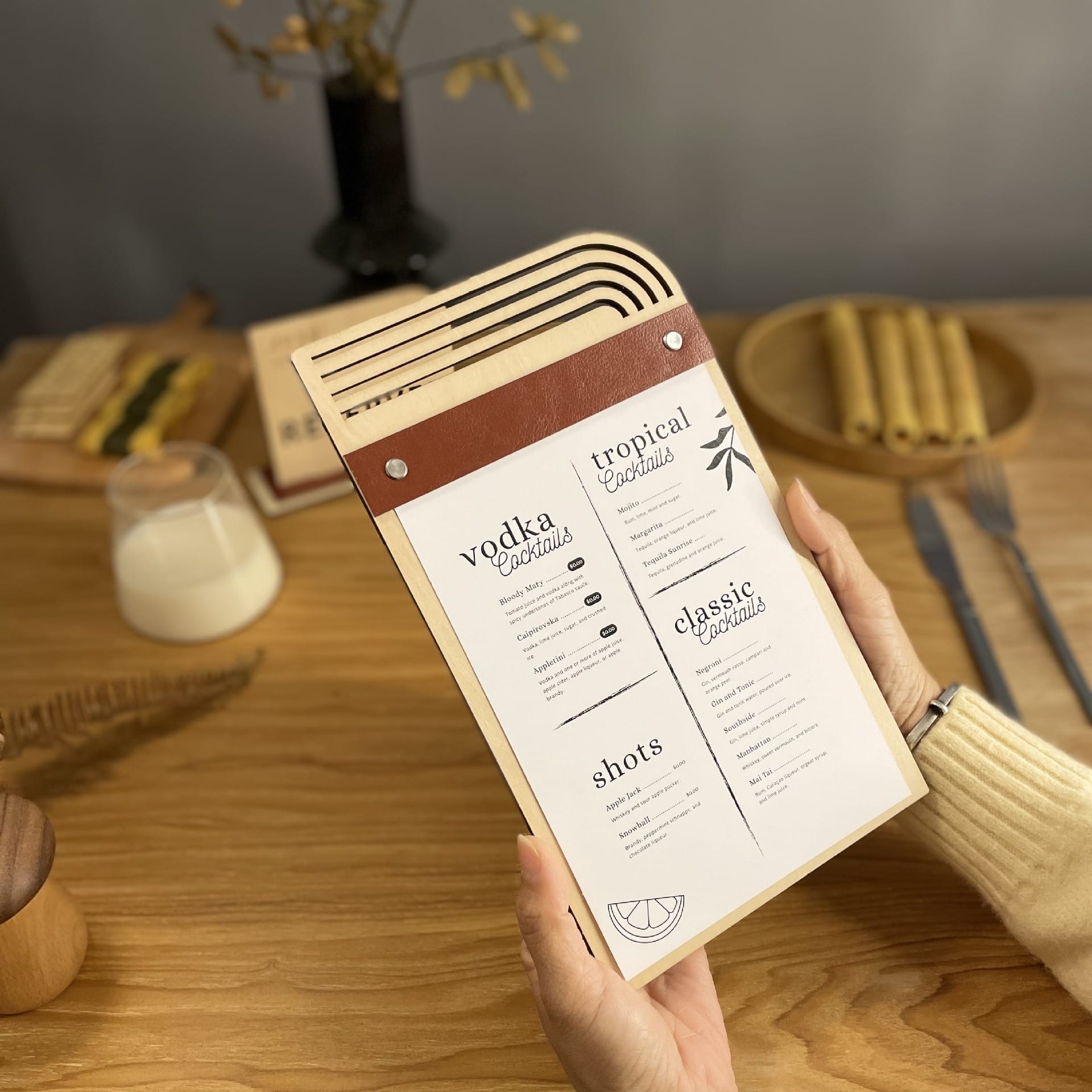 Person holding a creative wooden menu board with drink options. Eco-friendly design with replaceable inserts.