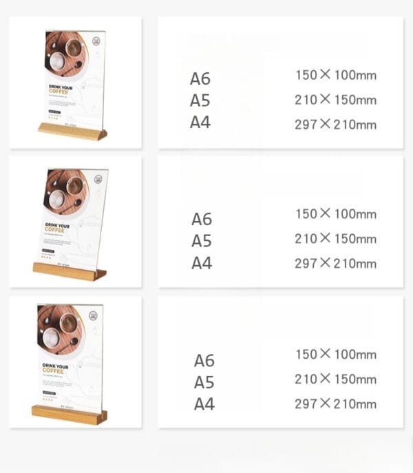 Three acrylic tabletop menu holders displaying "Drink Your Coffee.