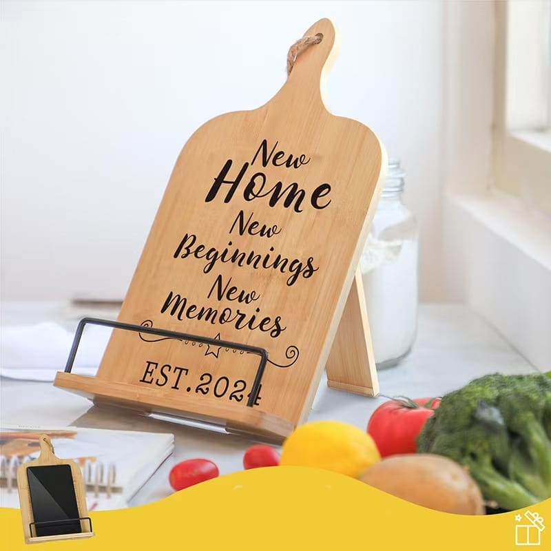 Wooden recipe stand with "New Home, New Beginnings, New Memories, Est. 2024" engraved. Wholesale wooden menu holder.