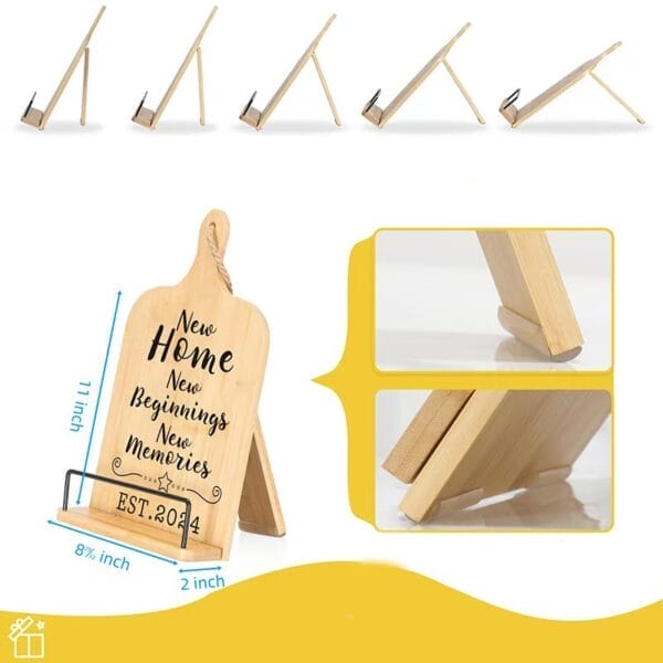 Bamboo recipe stand with "New Home, New Beginnings, New Memories" inscription. Wholesale wood menu holder for restaurants.