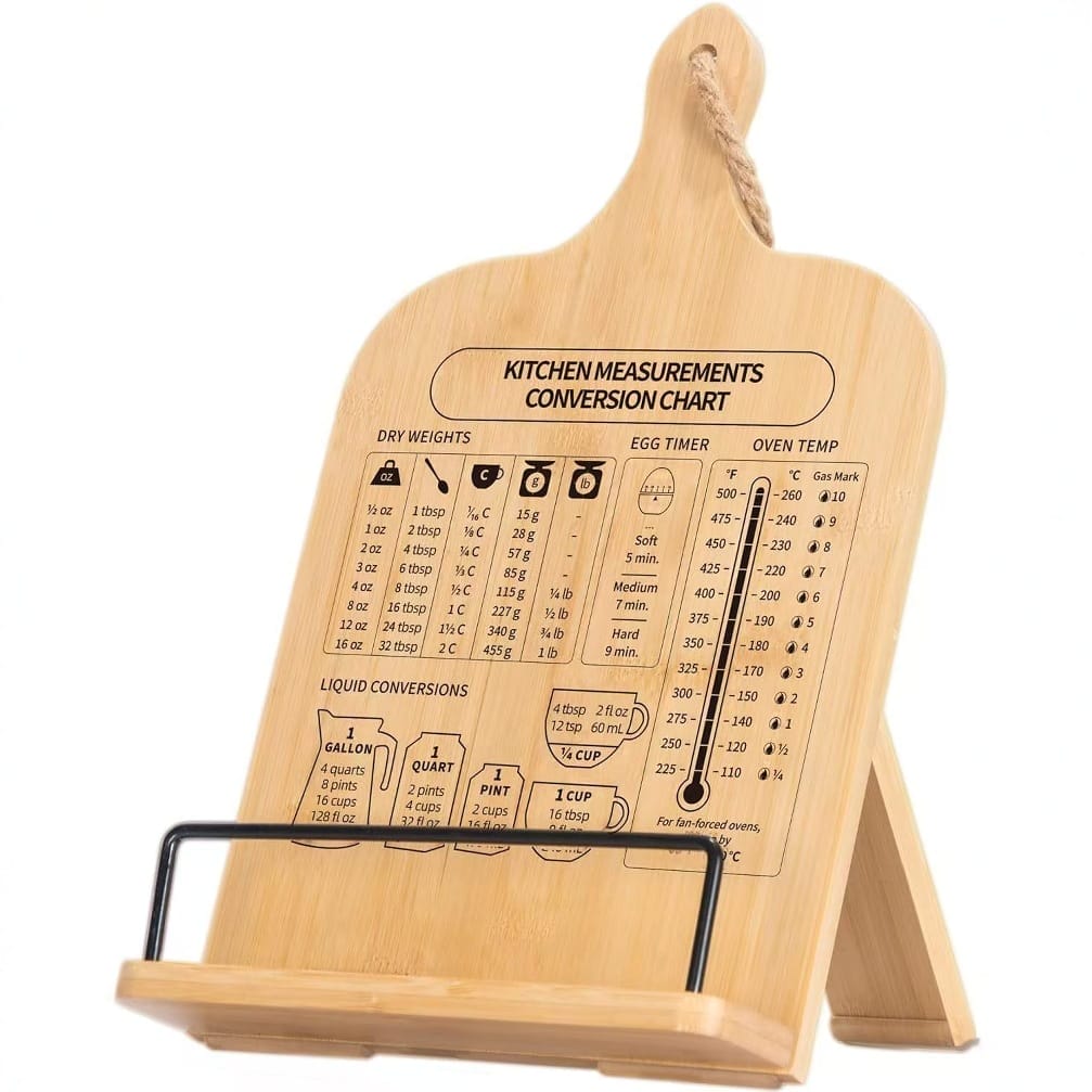 Bamboo kitchen conversion chart stand; ideal wholesale wood recipe stand for restaurants. Features dry weights, liquid conversions, oven temps, and egg timer.
