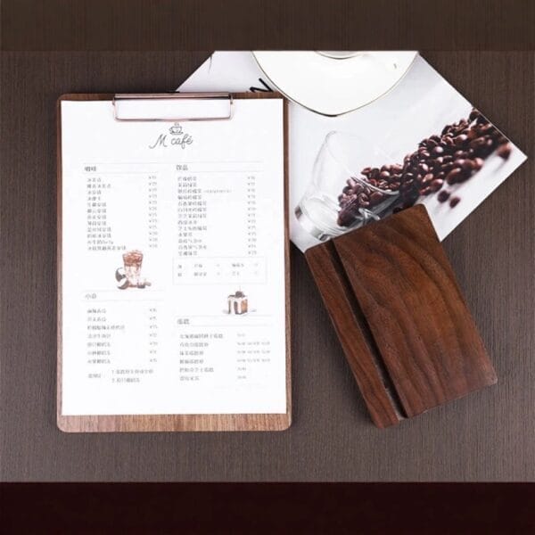 Wooden menu clipboard with cafe menu and prices.