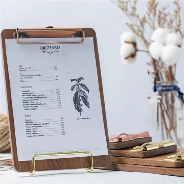 Wooden menu clipboard with drinks list; Orchard Cafe Bar