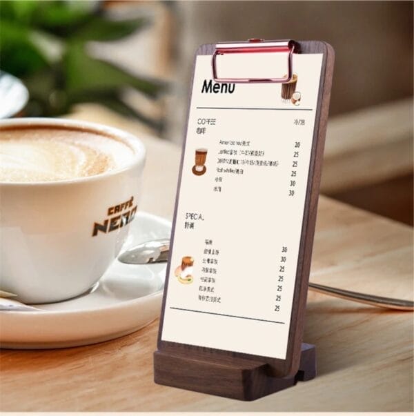 Wooden menu stand with coffee and dessert prices