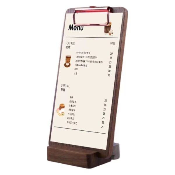 Wooden menu stand with coffee and specialty drink prices.