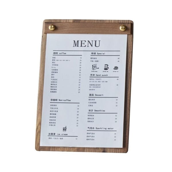 Freestanding walnut wood menu holder with a paper menu displaying coffee, tea, and dessert options.