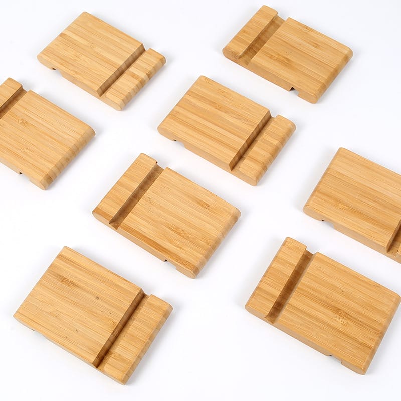 Alishan wooden phone holder: Eco-friendly bamboo desktop stand for hands-free viewing.