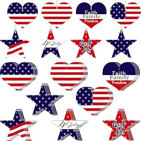 Assortment of patriotic wooden pieces for Independence Day crafts. Wholesale available.