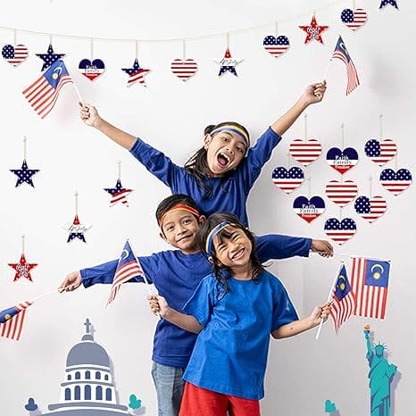 Three children celebrate Independence Day with patriotic decorations. Wholesale wooden craft pieces are used in the decorations.