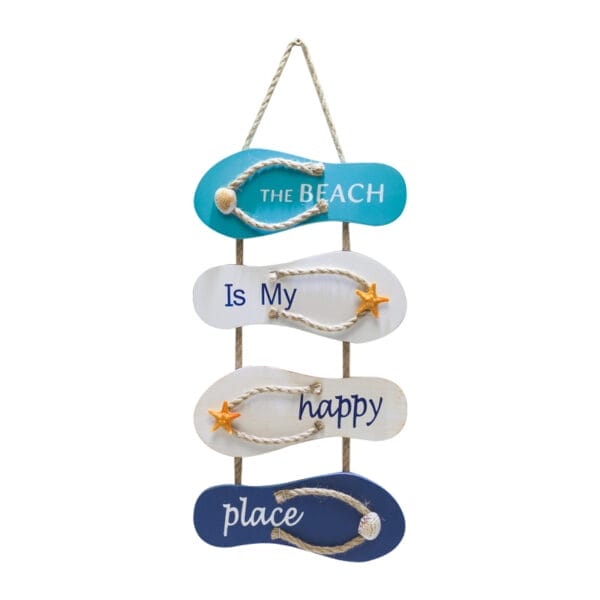 A decorative hanging sign made of four flip-flop shapes with ropes, reading "The beach is my happy place," and featuring small starfish accents—perfect as Mediterranean vintage beach wall decor.