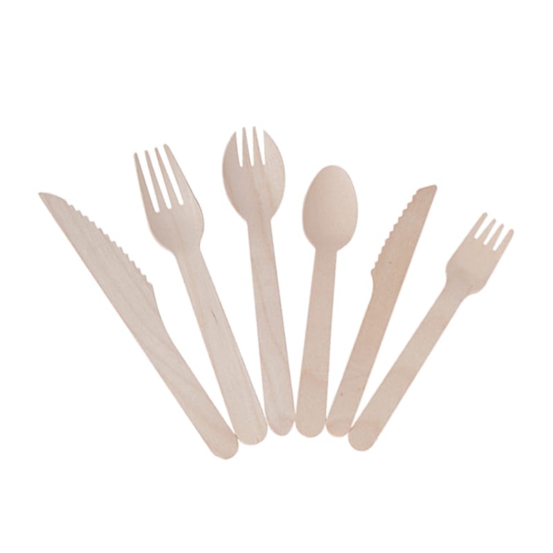 Wooden cutlery set: spoons, forks, and knives. Wholesale eco-friendly disposable tableware.