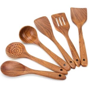 Set of six acacia wood kitchen utensils: spoons, spatula, slotted spoon. Wholesale wooden spoon set. Personalized Wooden Spoon Set.