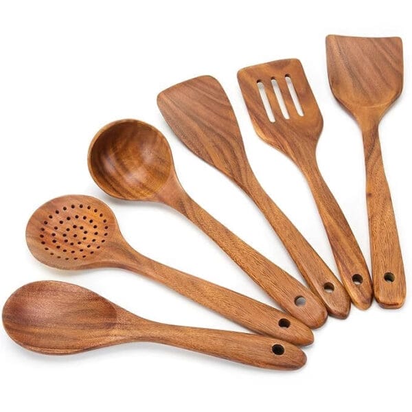 Set of six acacia wood kitchen utensils: spoons, spatula, slotted spoon. Wholesale wooden spoon set.