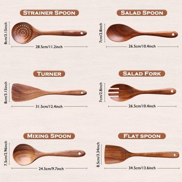 Wholesale wooden spoon set: strainer, salad spoon, turner, salad fork, mixing spoon, and flat spoon. Wood kitchen utensils.