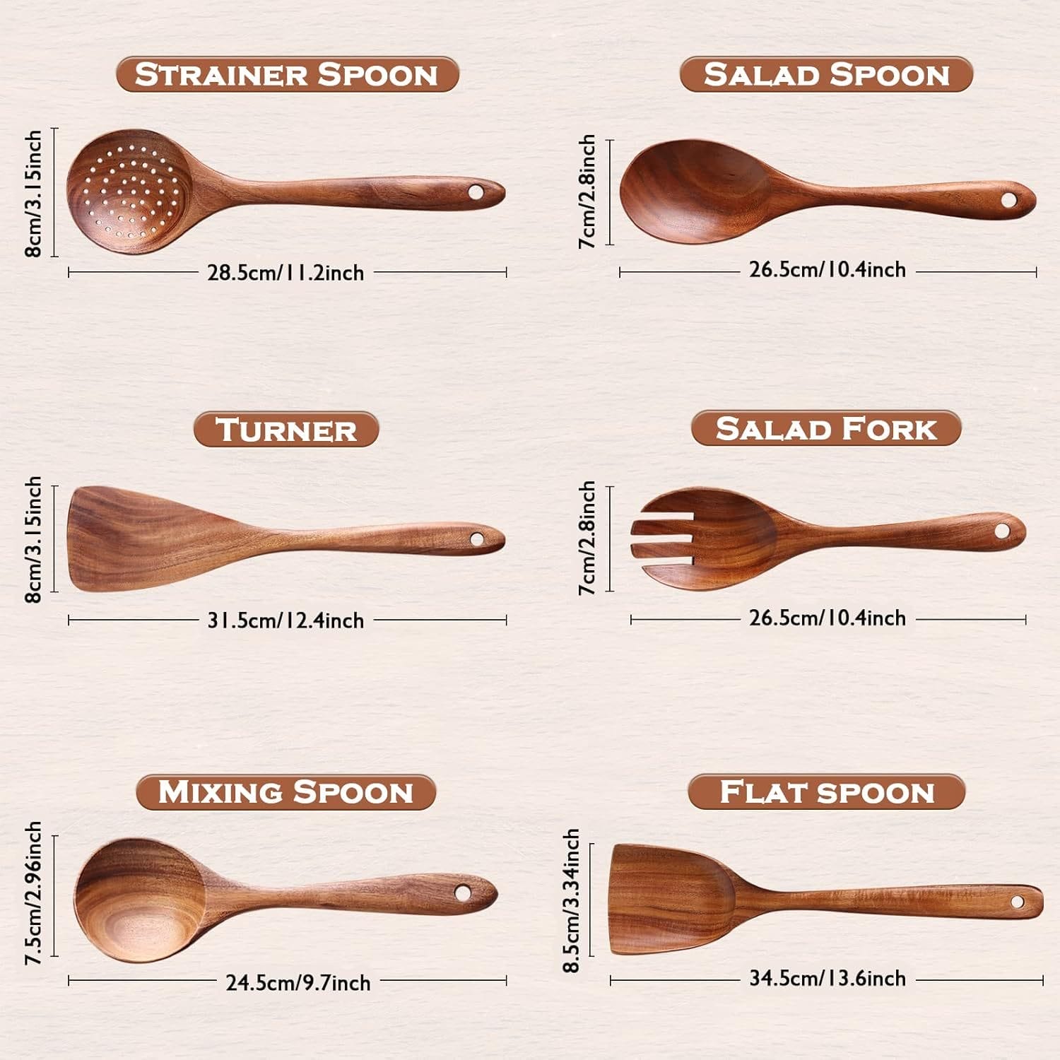 Wholesale wooden spoon set: strainer, salad spoon, turner, salad fork, mixing spoon, and flat spoon. Wood kitchen utensils.