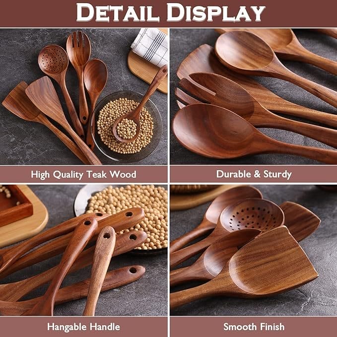 High-quality teak wood kitchen utensil set. Durable & sturdy wooden spoons, spatulas, and serving utensils. Wholesale wooden spoon supplier.