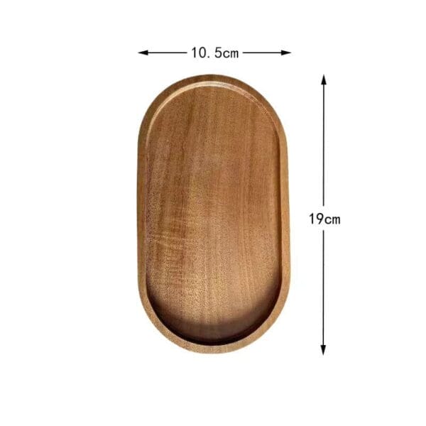Oval Acacia Wooden Tray with raised edges, measuring 19 cm by 10.5 cm, shown with dimension arrows; perfect as a Japanese Style Wooden Tray for serving or as a compact bread board.