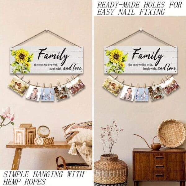 Two examples of decorative "Family" wooden wall decor photo display signs with sunflower design, ready-made holes, hemp rope for hanging, and clips holding photos, shown in different room settings. Ideal for custom laser-cut photo holders.