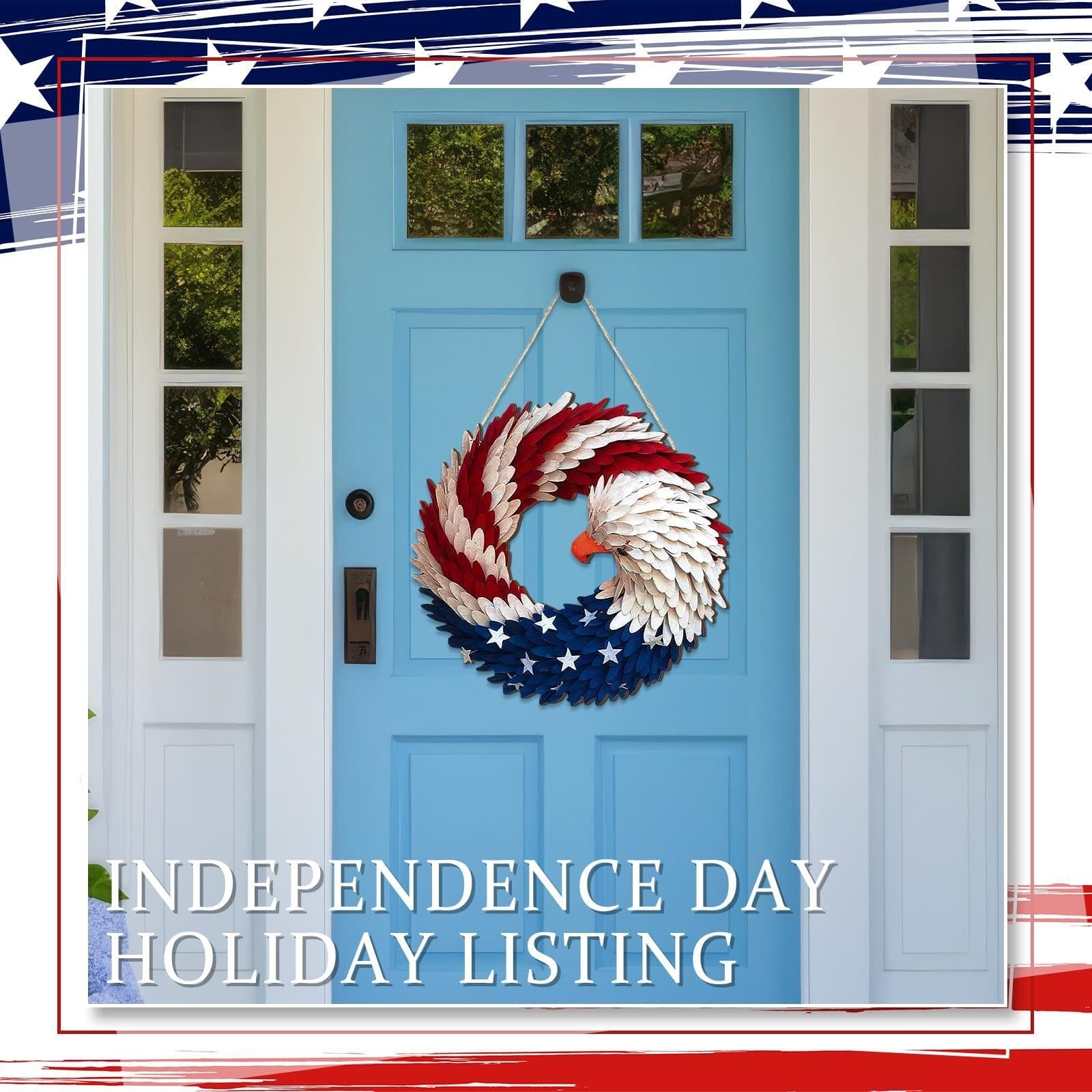 Patriotic wooden eagle wreath hanging on a blue door. Perfect for Independence Day decor.