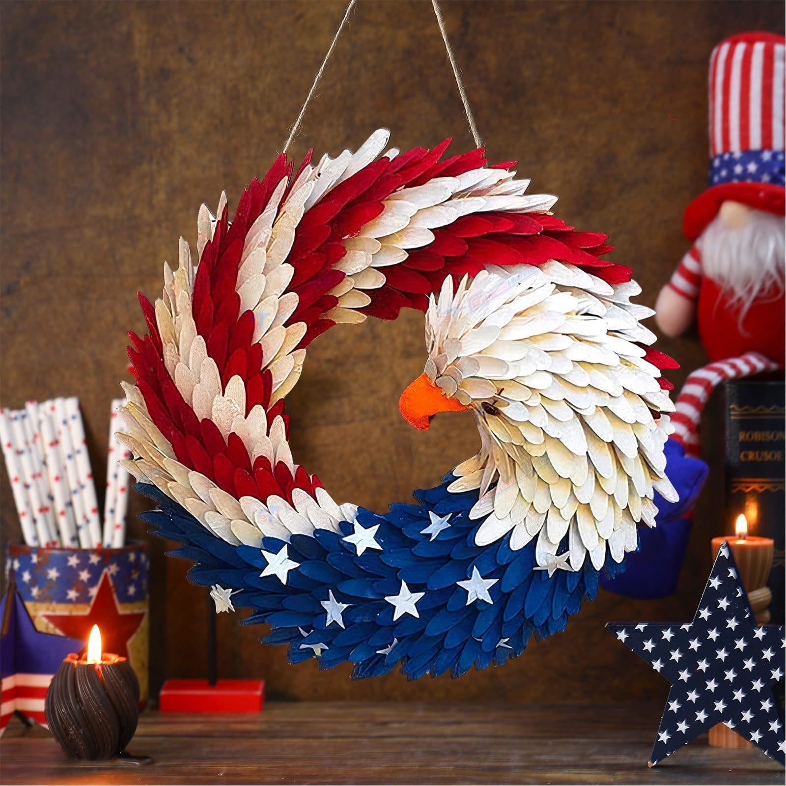 Patriotic eagle wreath wooden wall hanging. Perfect for wholesale & distribution.