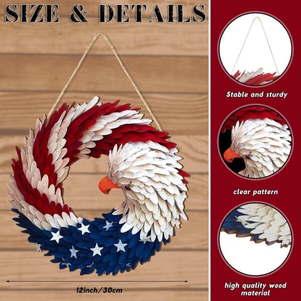 Patriotic eagle wreath wooden wall hanging, 12 inches. Wholesale & distribution available.