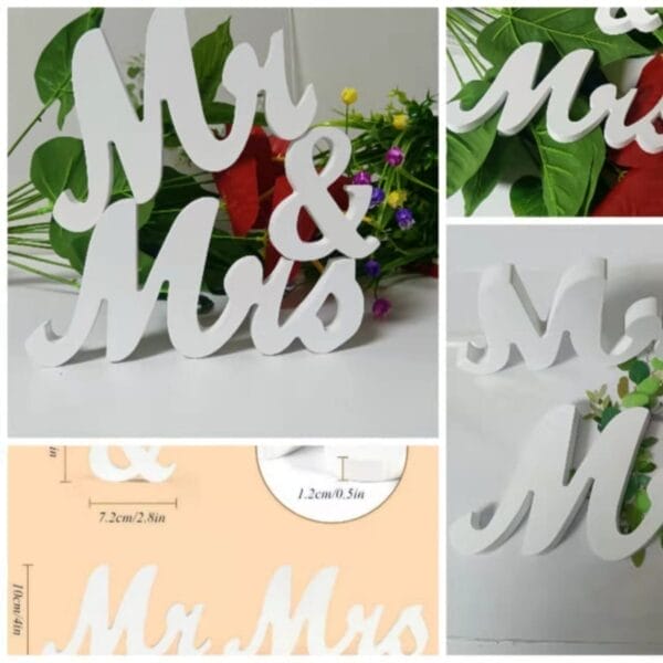 Collage of white "Mr & Mrs" Wooden Wedding Decorations with a bouquet of red and purple flowers and green leaves in the background, plus a size diagram in one corner—perfect for Party Signage Props or Wedding Signage displays.