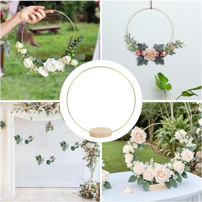 Gold metal hoops decorated with fresh flowers; perfect wedding decor from a wholesale wooden wreath manufacturer.