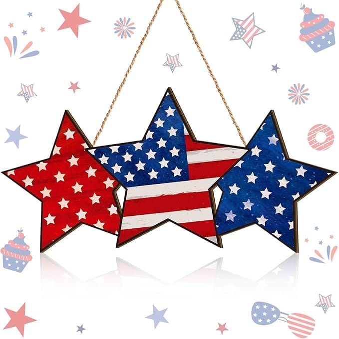 Patriotic wooden yard signs, perfect for 4th of July decor. Features red, white, and blue stars.