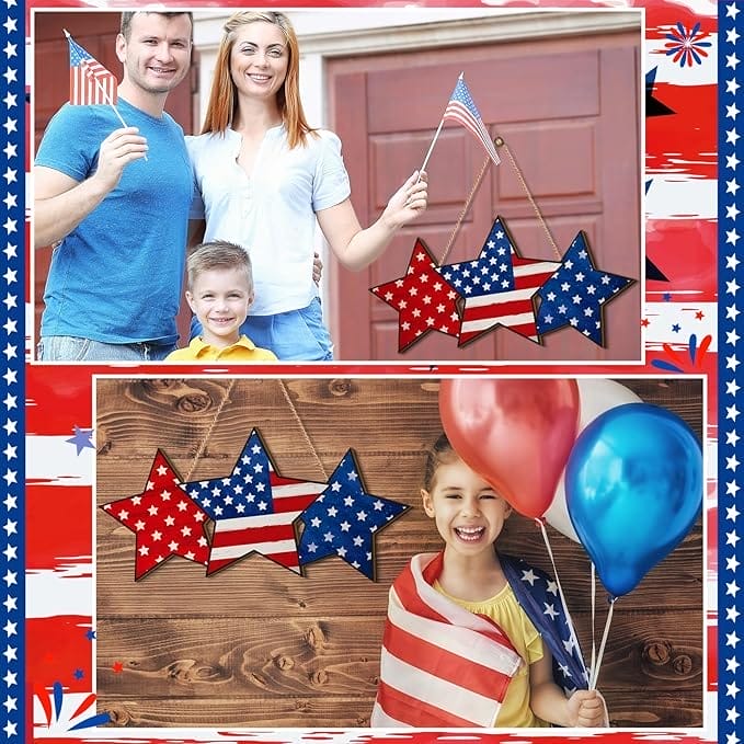 Patriotic wooden star door signs, perfect for 4th of July decorations. American flag themed.