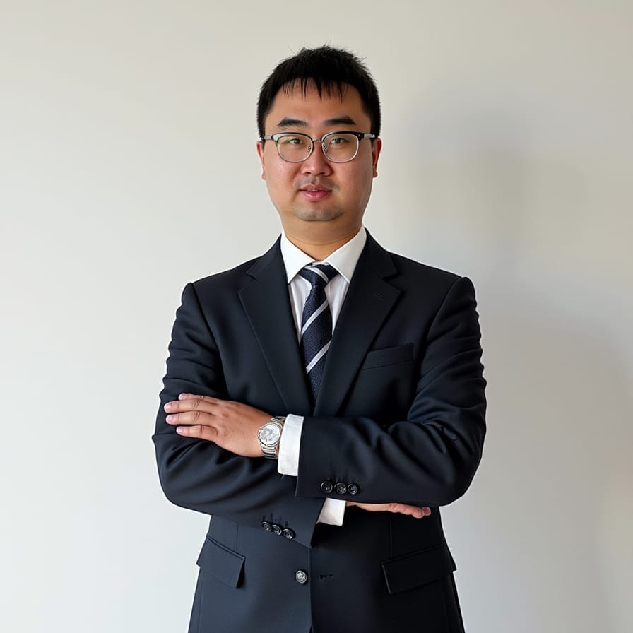A man in a dark suit and striped tie stands against a plain light-colored background with his arms crossed, looking at the camera.