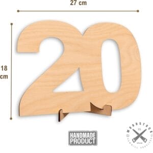 Large wooden number 20, 27cm wide and 18cm high, perfect for crafting or home decor. Handmade wooden letters.