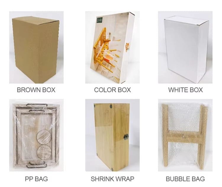Product packaging options: brown box, color box, white box, PP bag, shrink wrap, and bubble bag.