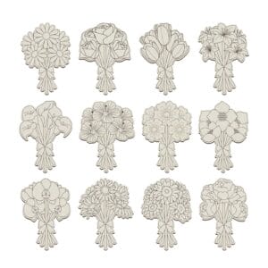 Twelve custom wooden cutouts of flower bouquets, perfect for painting and crafting. Various floral designs.