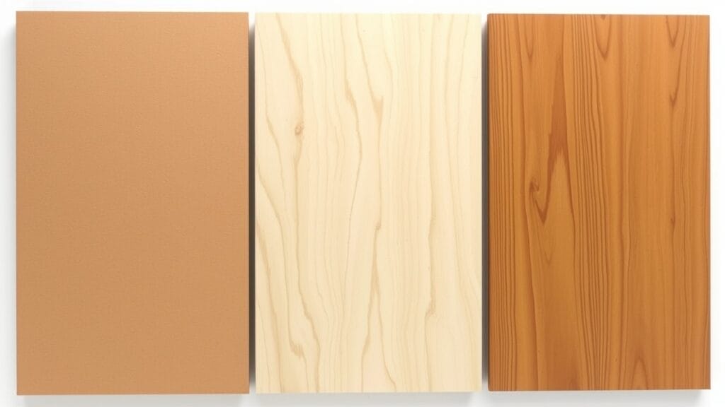 What’s MDF Wood? Comparison of MDF, plywood, and real wood samples. Note the differences in texture and grain.