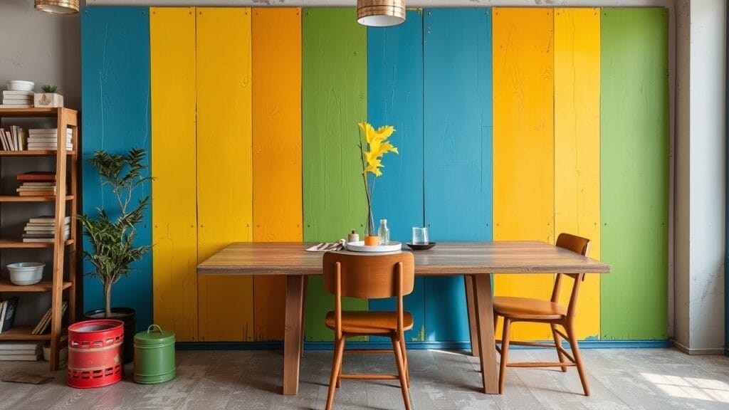 What’s MDF Wood? Modern dining room with colorful wood panel wall. Wooden table and chairs.