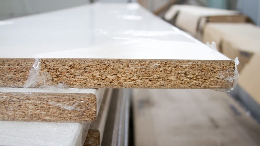 What’s MDF Wood? Cross-section of white MDF board, showing wood particle core. Illustrates MDF vs plywood.