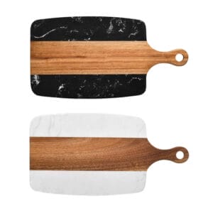 Marble and wood cutting boards: Set of two, black and white marble with acacia wood center, perfect for serving cheese or charcuterie.