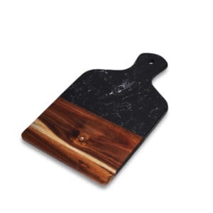 Marble and wood cutting board: Elegant serving board with black marble top and rich acacia wood base, perfect for cheese, charcuterie, or appetizers.