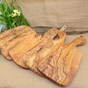 Olive Wood Cutting Boards: Set of three unique curved neck olive wood cheese boards, perfect for serving and cutting.