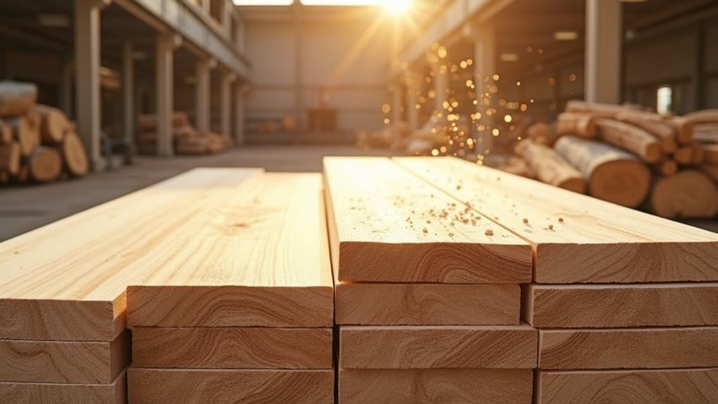 Stacked lumber in a warehouse, ready for construction projects.