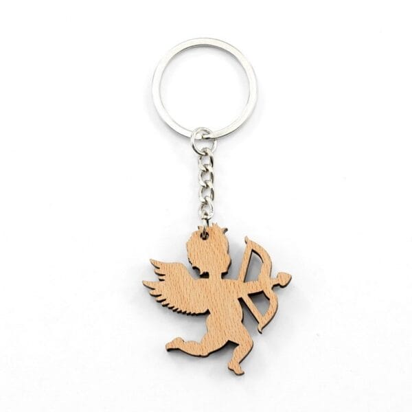 Personalised wooden keychain featuring a laser-engraved cupid design. DIY blank wood with metal ring.