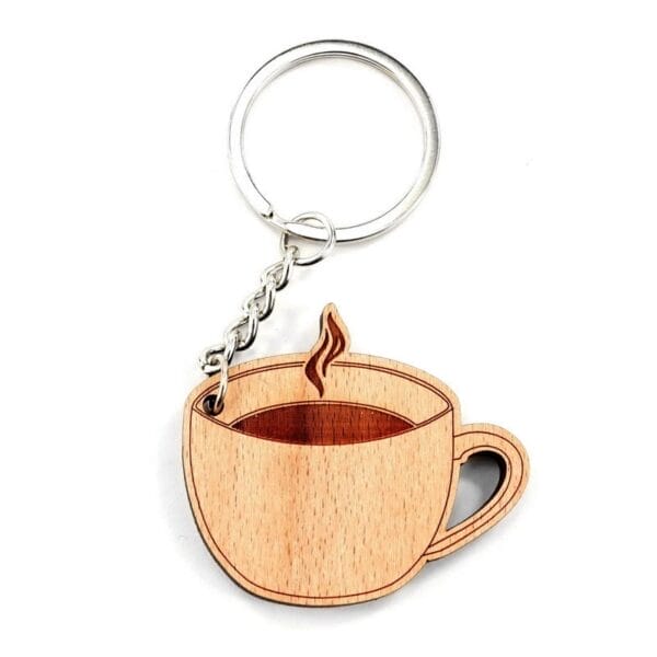 Personalised wooden keychain featuring a laser-engraved coffee cup design with metal ring