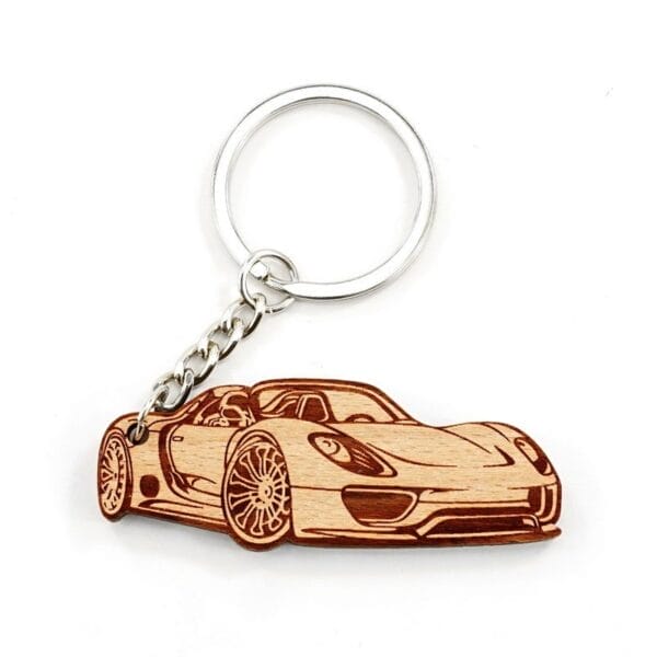 Personalised Wooden Keychain: Laser-engraved sports car design on DIY blank wood with metal ring.